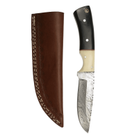 elTORO Cuerno de Búfalo - Damasco - Cuchillo de caza - 10cm - incl. funda de cuero