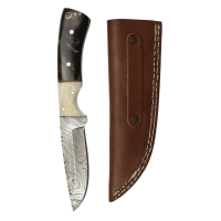 elTORO Cuerno de Búfalo - Damasco - Cuchillo de caza - 10cm - incl. funda de cuero