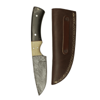 elTORO Cuerno de Búfalo - Damasco - Cuchillo de caza - 10cm - incl. funda de cuero