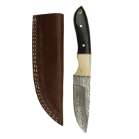 elTORO Cuerno de Búfalo - Damasco - Cuchillo de caza - 10cm - incl. funda de cuero