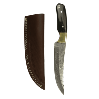 elTORO Cuerno de latón - Damasco - Cuchillo de caza - 14cm - incl. funda de cuero