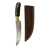 elTORO Cuerno de latón - Damasco - Cuchillo de caza - 14cm - incl. funda de cuero