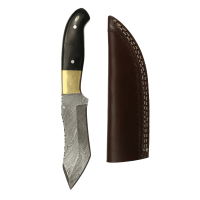 elTORO Cuerno de latón - Damasco - Cuchillo de caza - 12,3cm - incl. funda de cuero