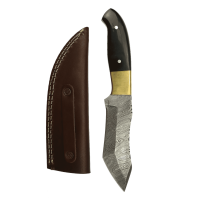 elTORO Cuerno de latón - Damasco - Cuchillo de caza - 12,3cm - incl. funda de cuero