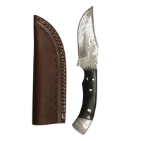 elTORO Damascus Horn - Damasco - Cuchillo de caza - 11,5cm - incl. funda de cuero