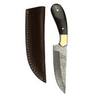 elTORO Cuerno de latón - Damasco - Cuchillo de caza - 12,5cm - incl. funda de cuero