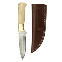 elTORO Brass Bone - Damasco - Cuchillo de caza - 12cm - incl. funda de cuero