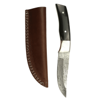 elTORO Cuerno de latón - Damasco - Cuchillo de caza - 11cm - incl. funda de cuero