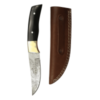 elTORO Cuerno de latón - Damasco - Cuchillo de caza - 11cm - incl. funda de cuero