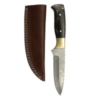 elTORO Cuerno de latón - Damasco - Cuchillo de caza - 12cm - incl. funda de cuero