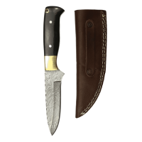 elTORO Cuerno de latón - Damasco - Cuchillo de caza - 12cm - incl. funda de cuero