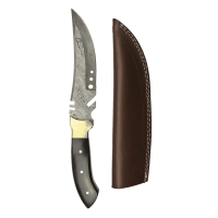 elTORO Cuerno de latón - Damasco - Cuchillo de caza - 17cm - incl. funda de cuero