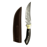 elTORO Cuerno de latón - Damasco - Cuchillo de caza - 17cm - incl. funda de cuero