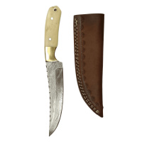 elTORO Brass Bone - Damasco - Cuchillo de caza - 14cm - incl. funda de cuero