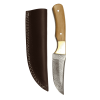 elTORO Latón Oliva - Damasco - Cuchillo de caza - 10cm - incl. funda de cuero