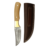 elTORO Latón Oliva - Damasco - Cuchillo de caza - 10cm - incl. funda de cuero